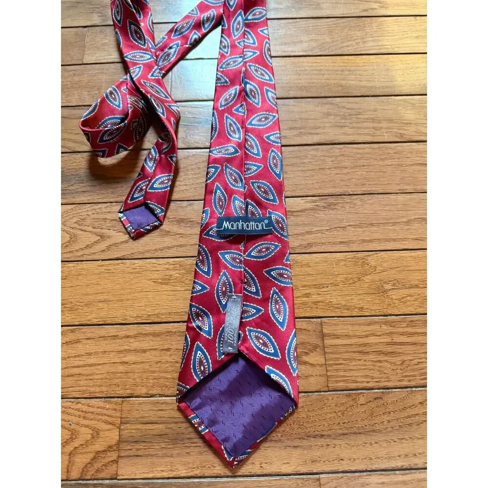 Vintage 90s Manhattan Silk Necktie Red Blue Geometric Leaf Medallion Made in USA